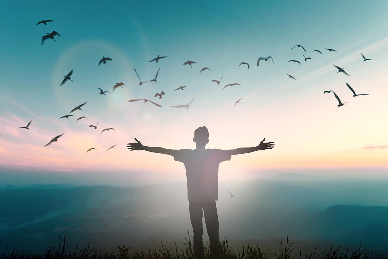 Fear Not | Navigators Bible Study Resource | Happy man rise hand on morning view. Christian inspire praise God on good friday background. Now one man self confidence on peak open arms enjoying nature the sun concept world wisdom fun hope
