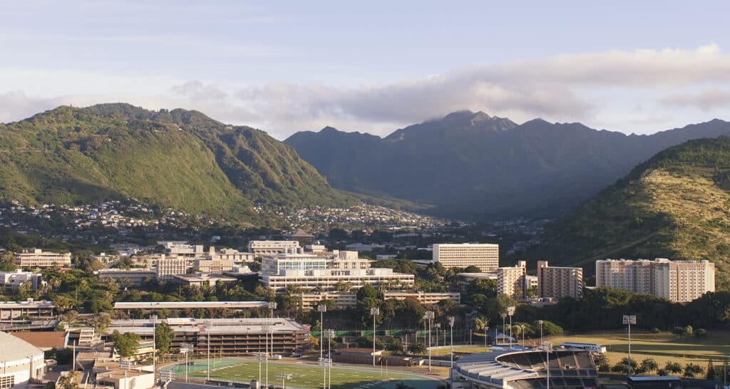 A drone image of the University of Hawaii Mānoa, where Tom learned how give hope to those who are hurting.