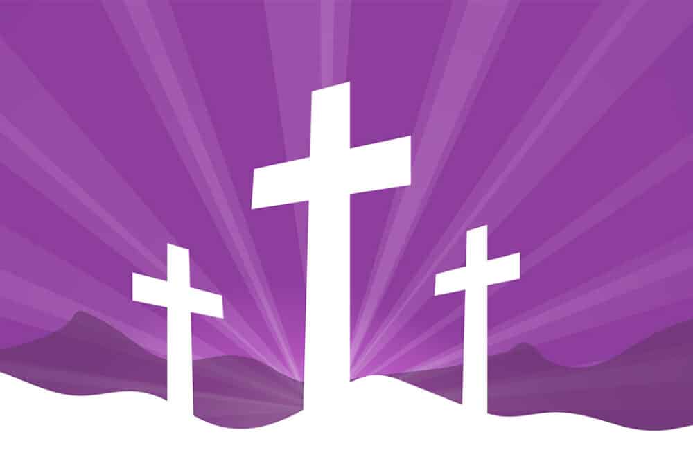 Three crosses representing Calvary on a purple background.