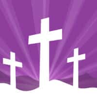 Three crosses representing Calvary on a purple background.