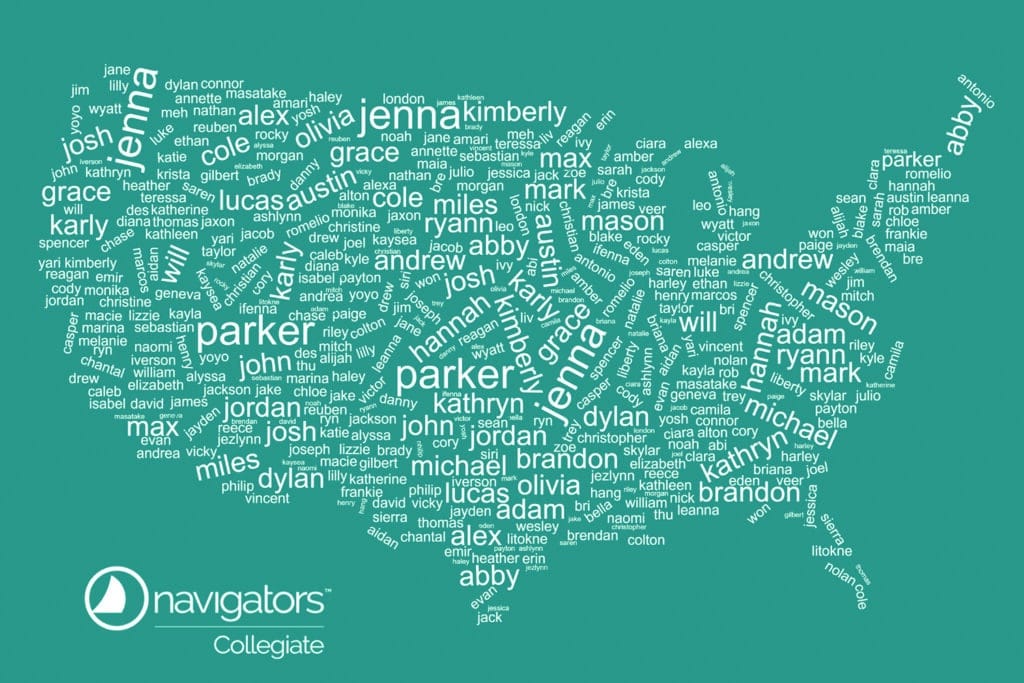 A map of the United States with hundreds of names of new believers from Navigators ministries.