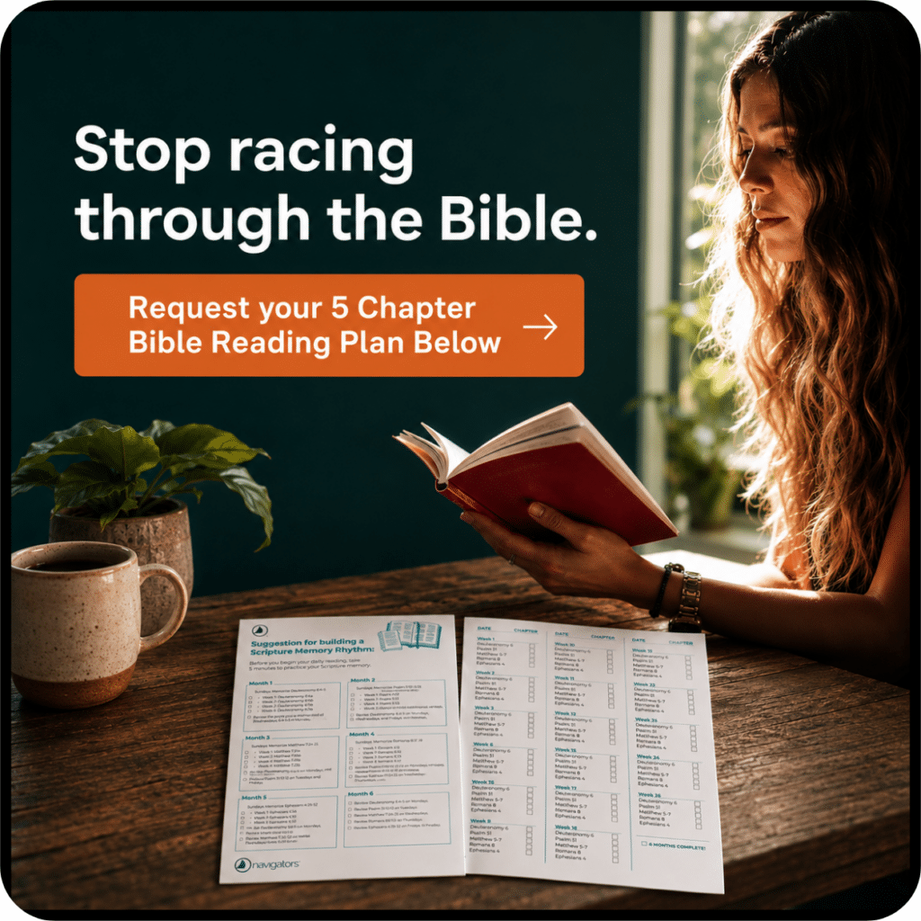 Woman reading a red book at a wooden table with a mug and a plant; banner invites requesting a 5-chapter Bible reading plan.