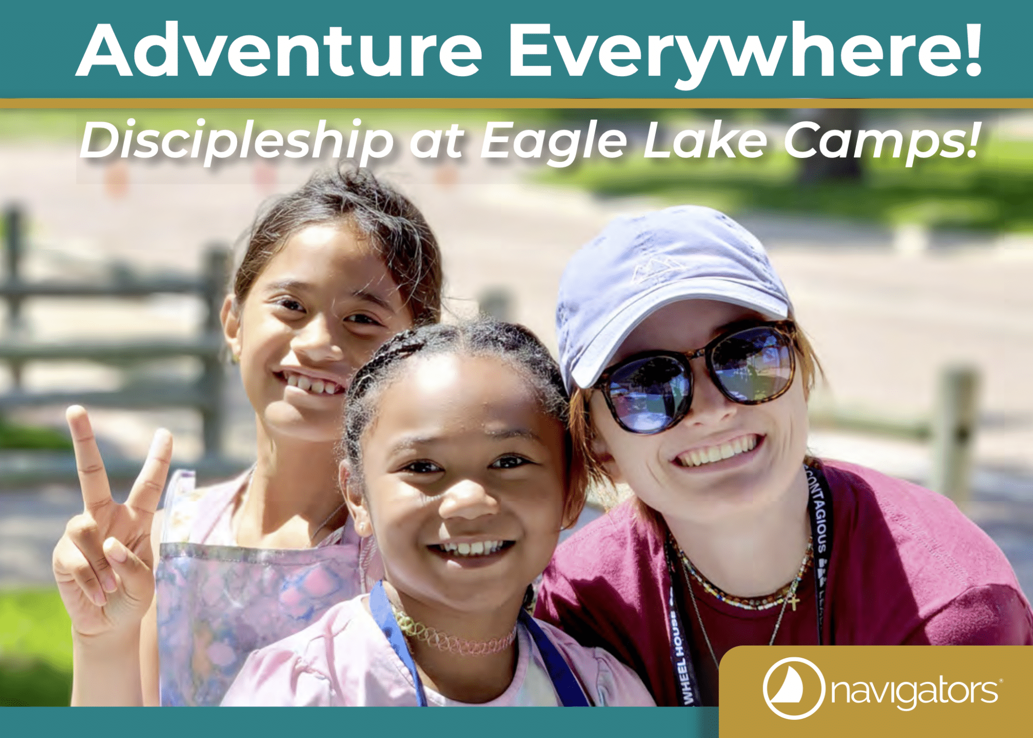 Three smiling kids pose for a selfie at a summer camp, with a Navigators logo in the corner.