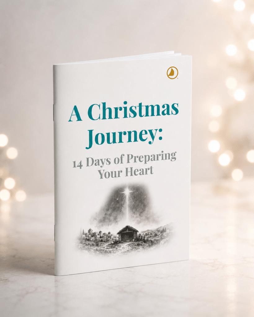 Book cover: ‘A Christmas Journey: 14 Days of Preparing Your Heart’ with a small village and star illustration.
